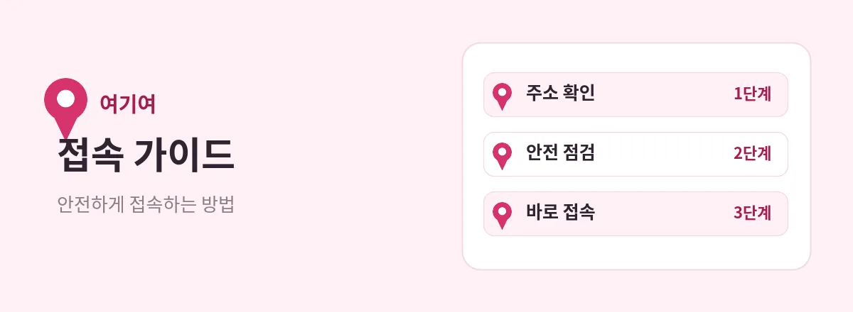 여기여 접속 가이드 — 주소 확인, 안전 점검, 바로 접속의 3단계 안내 화면